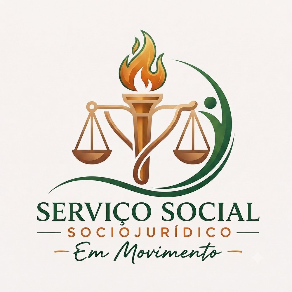 Serviço Social Sociojurídico em Movimento, balança da justiça e tocha acesa